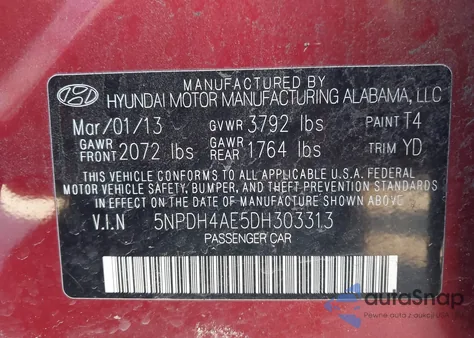 2013 Hyundai Elantra Gls z USA, uszkodzony, nr VIN 5NPDH4AE5DH303313